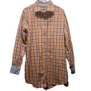 Men's Thomas Dean Orange and Blue Plaid Button Down Dress Shirt Size XXL EUC